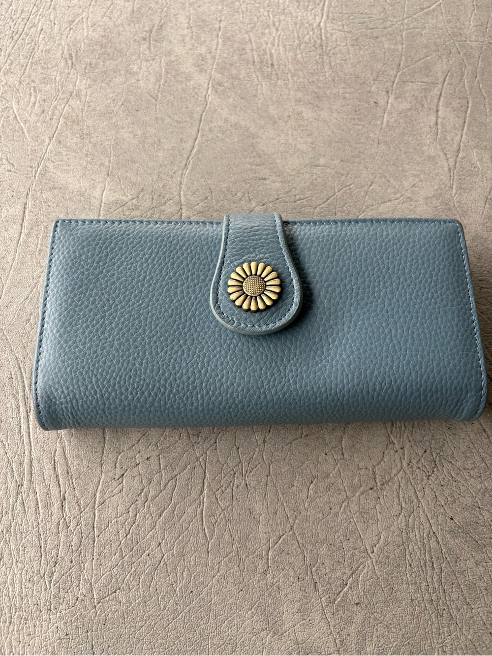 Textured Slate Blue Leather Wallet with Floral Snap Closure